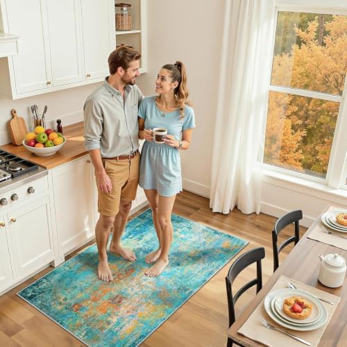 RELEANY Washable 3'x5' Abstract Area Rug for Living Room Teal Multi - Image 2
