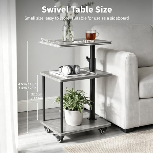 Rolling Side Table with Wheel for Living Room, Adjustable Height Swivel End Table for Different Seating Types, Ideal for Couch, Sofa, Recliner and Living Room, Grey Walnut-Look - Image 2