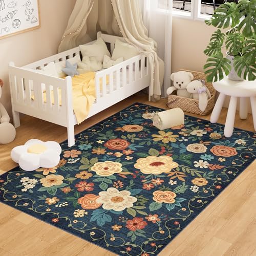 DUKINO 3x5 Area Rug, Floral Washable Rug for Bedroom Non Slip, Navy Blue by DUKINO