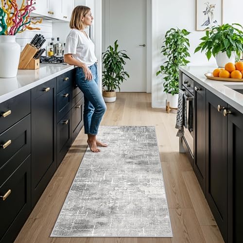 Washable Abstract 2x6 Kitchen Rug: Non-Slip Sink Stove Floor Mat Water-Resistant Entryway Bathroom Carpet Soft Dining Room Bedroom Runner for Family with Elderly Dogs Modern Home Decor(2x6 Light/Grey) - Image 4