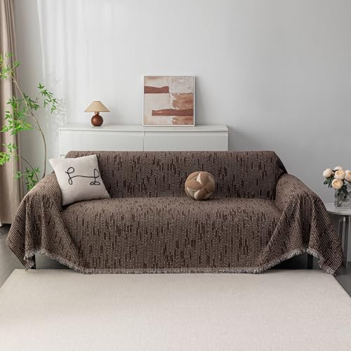 MYSKY HOME Boho Couch Cover Deep Chocolate Sofa Covers with Tassel Farmhouse Sofa Slipcover Simple Couch Protector for Dogs Chenille Sectional Couch Covers L Shaped Couch Cushion Covers, 71"x 134" - Image 2