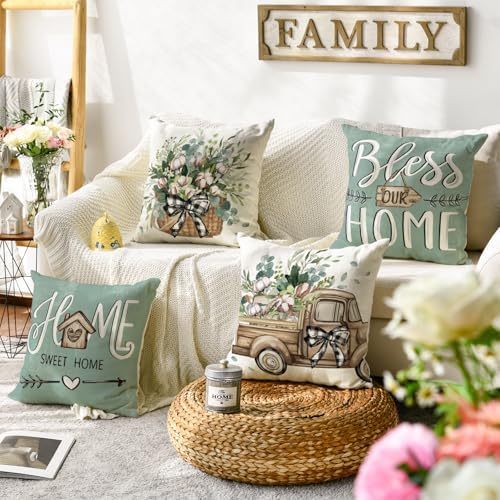 AVOIN colorlife Bless Our Home Farmhouse Eucalyptus Leaves Throw Pillow Covers, 18 x 18 Inch Truck Home Sweet Cushion Case Decorations Set of 4 - Image 2