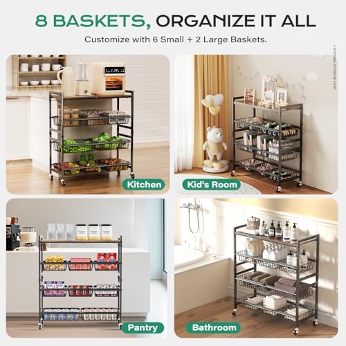 Cinati 4-Tier Utility Kitchen Cart with Wood Top, 29" W Kitchen Storage Cart with 8 Baskets & Handle, Metal Snack Cart with Wheels, Adjustable Pantry Organizer and Storage Cart for Fruit, Vegetables - Image 6