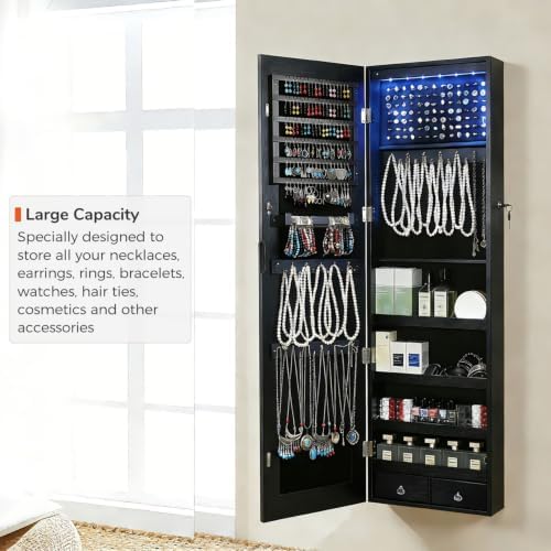 GISSAR Full Length Mirror Jewelry Cabinet, 6 LEDs Jewelry Armoire Wall Mounted Over The Door Hanging, Jewelry Organizer Storage with Lights Lockable, Black, 14.6" x 47.2" - Image 3