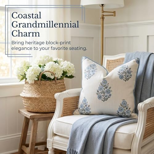 Jillien Harbor “The Camille” Floral Block Print Pillow Cover – Soft Blue and White Decorative Throw Pillow Cover – Grandmillennial Home Decor, 20" x 20" - Image 3