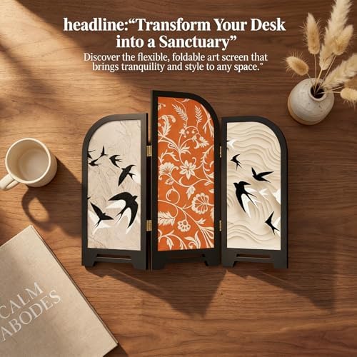 3-Panel Desktop Folding Screen, Swallow and Flower,Desk Partition - Image 3