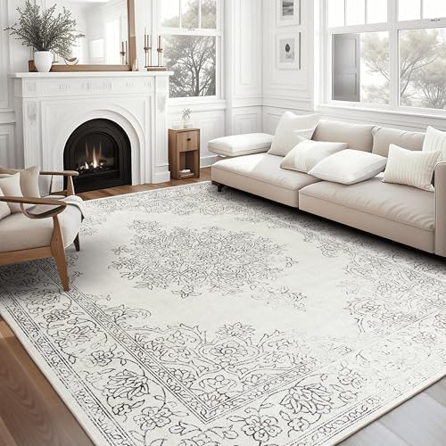 ReaLife Rugs Machine Washable Area Rug - Living Room Bedroom Bathroom Kitchen Entryway Office - Padded Low Pile Stain Resistant Premium - Boho Farmhouse Vintage - Paige - Ivory 4' x 6' by ReaLifeRugs