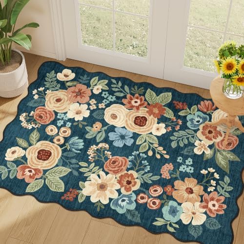 DUKINO 2x3 Rug for Entryway, Floral Door Mat Washable Rug, Prussian Blue by DUKINO
