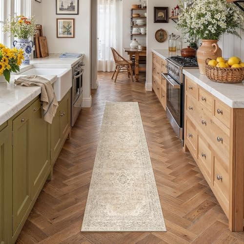 2x8 Taupe Washable Runner Rug Non Slip Vintage Carpet - Image 2