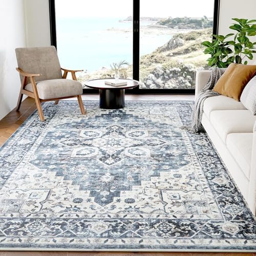 AMADA HOMEFURNISHING 6x9 Area Rugs, Blue Low-Profile Washable Rug with Non-Slip Backing & Durable Edge Binding, Vintage Rugs for Living Room, Bedroom, Dinning Room by AMADAHOMEFURNISHING