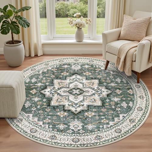 Round Area Rug for Living Room: 8ft Boho Washable Rug Green Ivory - Image 2