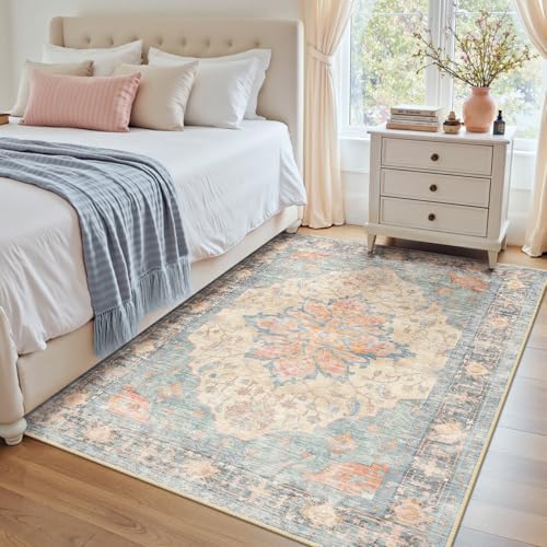 RELEANY Washable Area Rug, 4'x6', Blue/Orange/Red - Image 3