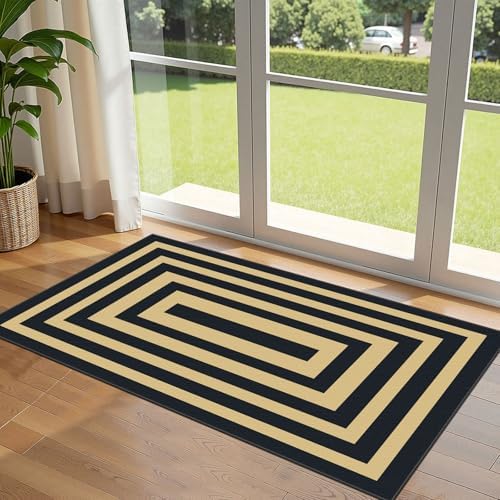 Front Door Mat Indoor Entrance - 2x4.3 Modern Black Tan Striped Rug by Othilic