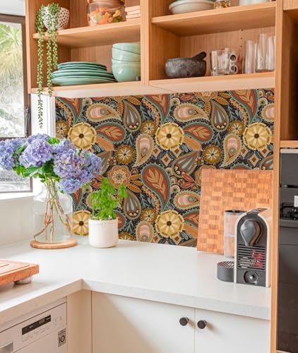 HAOKHOME Boho Peel and Stick Wallpaper Floral Paisley Brown/Yellow/Terracotta Renter Friendly Removable Wall Paper for Bedroom Decor 17.3in x 9.8ft - Image 4