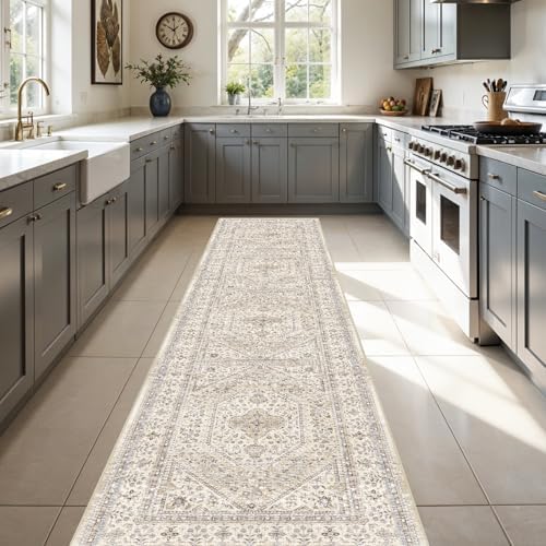 3x12 Washable Hallway Runner Rug - Non-Slip Vintage Kitchen Rugs Beige Gray by Puino
