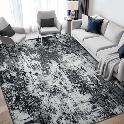 RELEANY Washable 7'x9' Abstract Area Rug for Living Room Black White by RELEANY