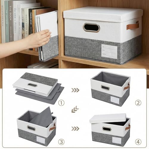 PRANDOM Storage Bins with Lids [3-Pack] Linen Fabric Foldable Storage Boxes Organizer Containers Baskets Cube with Cover for Bedroom Closet Office Grey&White（11.4X8.6X6.7 - Image 4