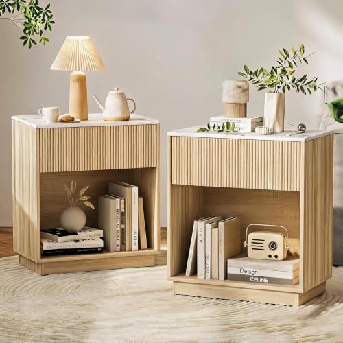 Fluted Nightstands Set of 2, Modern Bedside Table with Drawer and Storage Shelf, Wood End Table Mid Century Night Stands for Bedroom Living Room Sofa Couch Office, Oak-Marble-Look by INNODToddlerTower