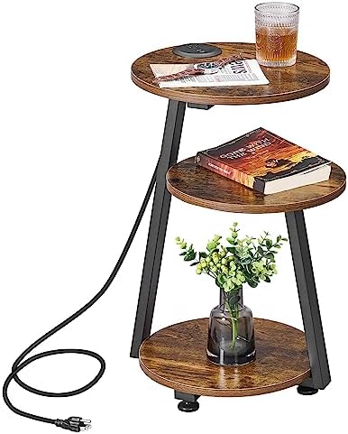 BEWISHOME Round End Table with Charging Station, Rustic Brown by BEWISHOME