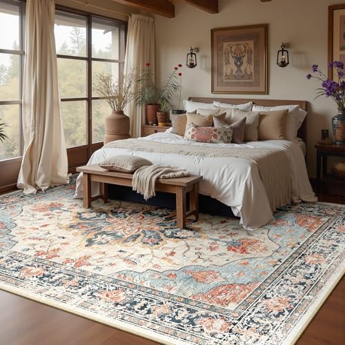 RELEANY Washable Area Rug, Large 10'x12', Beige/Blue/Orange - Image 2