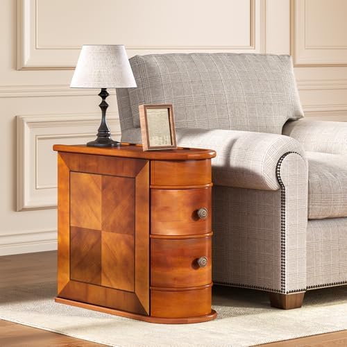 LITTLE TREE Wood End Table with 2 Drawers Sofa Side Table, No Assembly Required Vintage Slim Nightstand Bedside Table for Bedroom by LITTLETREE