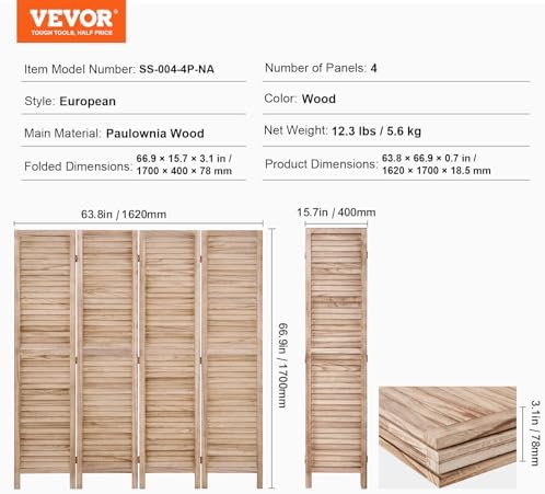 VEVOR Wood Room Divider, 4 Panel Wood Folding Privacy Screen, 66.9 Inches Tall Indoor Louvered Wooden Partition, Portable Decoration Screen, for Room Separation, Home, Office, Restaurant & Bedroom - Image 7