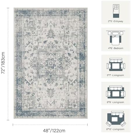 Rugxara 4x6 Vintage Boho Washable Rug for Bedroom(Blue) - Image 2