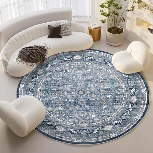 OPPODREAM Vintage Blue Area Rugs 8' Round, Washable Rug for Living Room by OPPODREAM