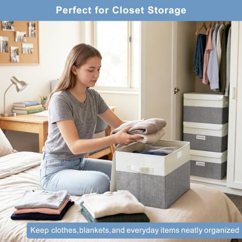 Bagnizer Large 22 Quart Linen Fabric Foldable Storage Bin Cube Organizer Basket with Flip-Top Lid & Handles, Clothes Blanket Box for Home, Office, Closet, Gray & White, 4 Pack 14.6 x 9.5 x 9.5” - Image 3