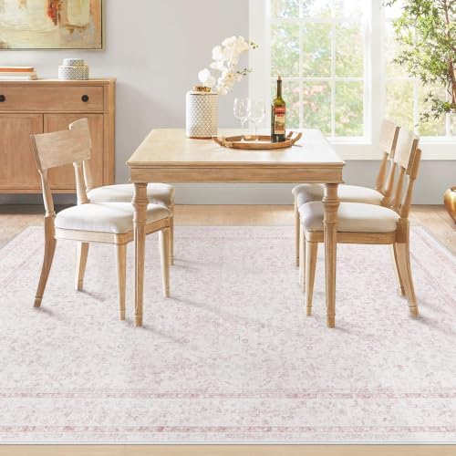5x7 Area Rugs for Living Room: Washable Vintage Floral Rug Low Pile Non-Slip Boho Carpet for Nursery Bedroom Dining Room (Pink, 5'x7') - Image 5