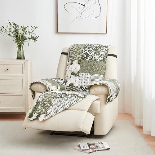 Great Bay Home Reversible Patchwork Recliner Chair Cover - Washable Slipcover Furniture Protector with Elastic Straps - Perfect for Kids & Pets - Box-Stitched Detail (Olive/Brown) by GreatBayHome