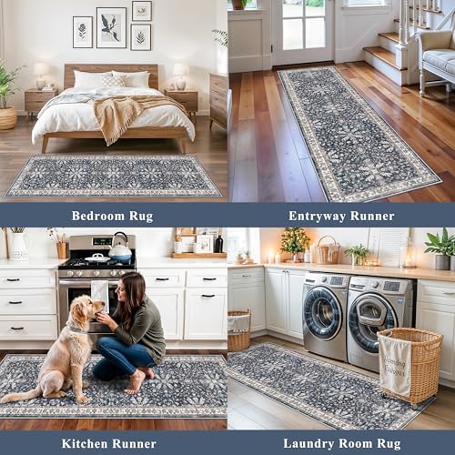 2x6ft Washable Hallway Carpet Runner – Non-Skid Floor Runner Rug for Kitchen Indoor Entryway Bedroom Bathroom Bedside – Boho Vintage Soft Low-Pile Area Rug (Blue,2x6) - Image 4