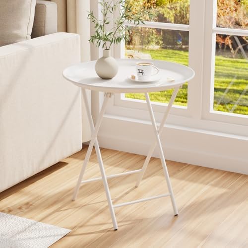 Garden 4 you Folding TV Tray Table, Metal Round Side Table, White Dinner Table with Metal Frame, Modern Outdoor Tray Table for Living Room, Bedroom, Patio & Small Spaces, 1 Pack by Garden4you