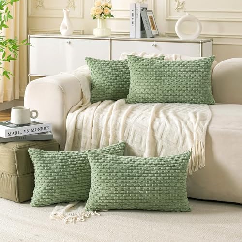 Set of 4 Sage Green Decorative Throw Pillow Covers 12x20 Inch Corduroy Pillow Covers for Bed Couch Sofa Living Room Soft Cushion Cases by Cozoomy