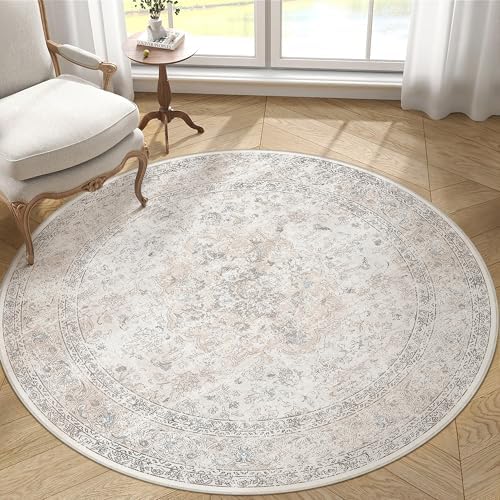 4R Washable Round Rug Beige Grey Non Slip Vintage Carpet - Image 3