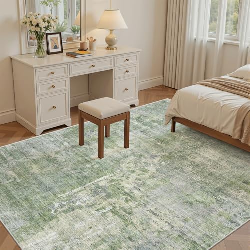 Soalmost Abstract 7x9 Area Rug for Living Room Washable Rugs Green/Ivory - Image 4