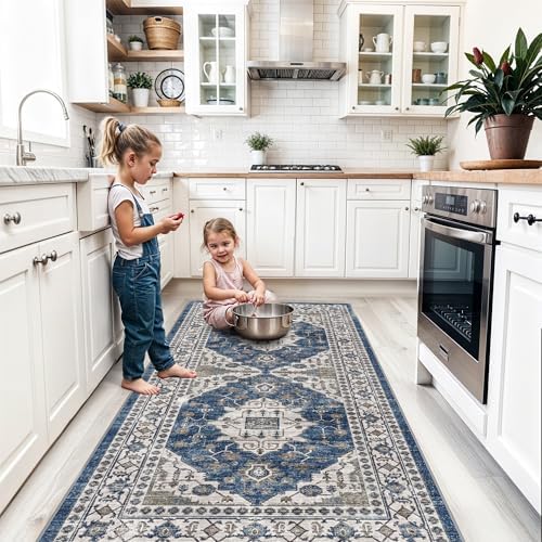 Washable 4x8 Hallway Runner Rug: Vintage 8ft Soft Runners for Entry Kitchen Wide Low Pile Carpet with Non-Slip Backing for Living Room Bedroom Thin Bathroom Carpet for Dining Room Foyer（4x8,Blue by HYHAOYUNLAI