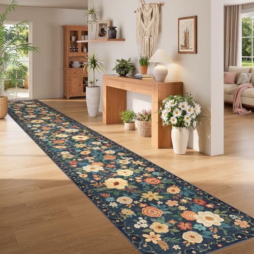 DUKINO 3x20 Runner Rug for Hallway, Floral Washable Runner Rug, Navy Blue - Image 5