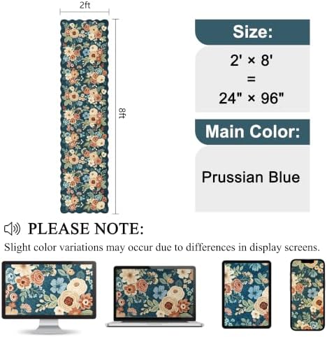 DUKINO 2.6x8 Runner Rug Floral Washable Kitchens Rug Non Slip Prussian Blue - Image 2