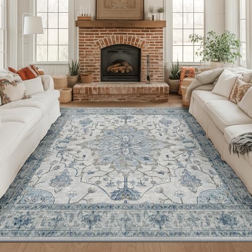 RELEANY Washable Area Rug, Square 8'x8', Blue/White/Gray - Image 2