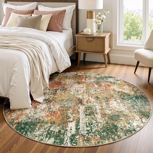 RELEANY Washable Round 4ft Area Rug for Living Room Green Multi by RELEANY