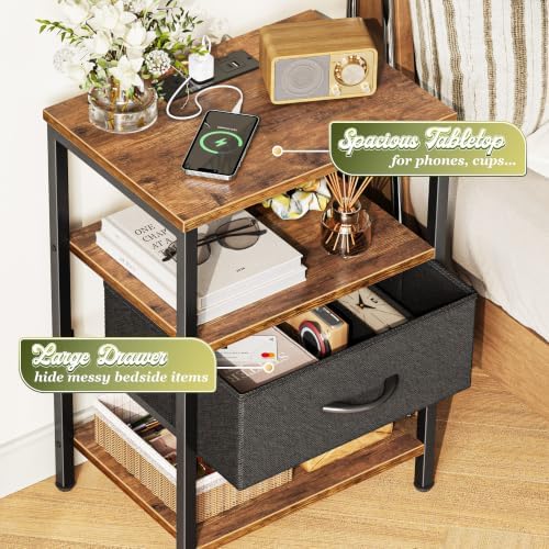 SUPERJARE Nightstand with Charging Station, Bed Side Table with Adjustable Fabric Drawer, Night Stand for Bedroom, 3-Tier Storage End Table, for Living Room, Rustic Brown and Black - Image 5