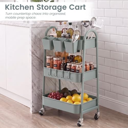 danpinera 3-Tier Rolling Cart, Utility Cart Mobile Metal Rolling Storage Cart with Lockable Wheels & Hanging Cups & Hooks for Kitchen, Bathroom, Office, Workshop, Gray Blue - Image 6