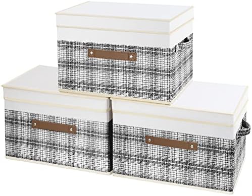 TYEERS Collapsible Storage Bins with Lids, Patchwork Design, Washable, Fabric Storage Boxes, 14.9x9.8x9.8 inches, 3 Pack, Gray by StorageOrganization