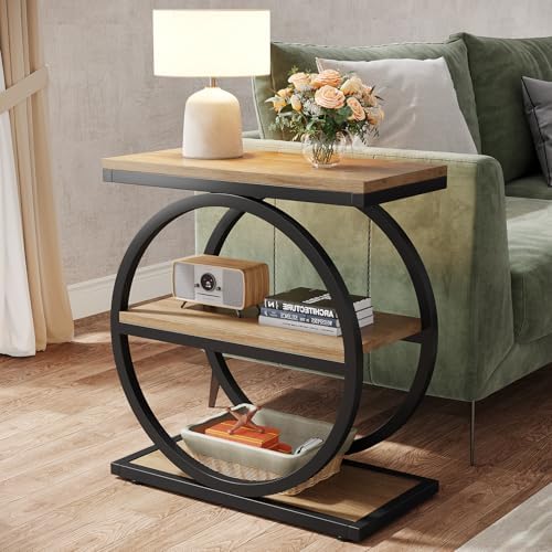 Tribesigns Side End Table with 3 Storage Shelves Set of 2, Industrial Sofa Table with Round Metal Frame for Living Room, Engineered Wood Nightstand for Bedroom, Oak - Image 3