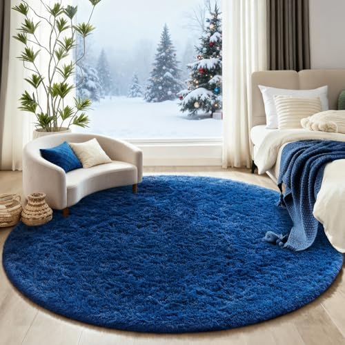Ophanie Round Rug 6Ft Blue Circle Area Rug, Boys Room Decor, Fluffy Fuzzy Bedroom Carpet, Plush Soft Shaggy Living Room Rugs for Kids Home Aesthetic, Nursery with Over 99 pcs Pile fibers - Image 5