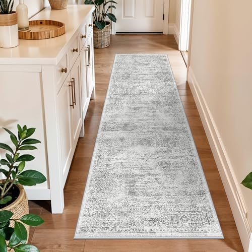 Runner Rug 2x8 Washable Hallway: Non Slip Kitchen Runners with Rubber Backing Vintage Farmhouse Neutral Boho Cream Soft Carpet for Bathroom Bedroom Entryway, Grey/Ivory by BYYVOORugsforYourHome