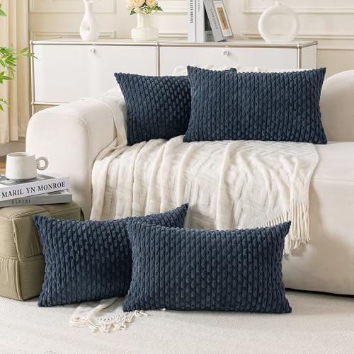 Set of 4 Grey Blue Decorative Throw Pillow Covers 12x20 Inch Corduroy Pillow Covers for Bed Couch Sofa Living Room Soft Cushion Cases by Cozoomy