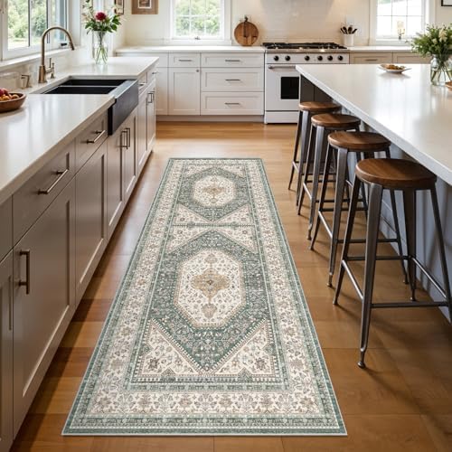 3x8 Washable Hallway Runner Rug - Non-Slip Vintage Kitchen Rugs Green Beige by Puino
