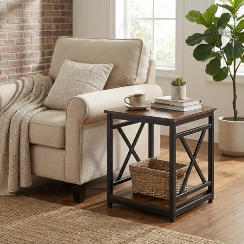 KSWIN Industrial End Table, 18" Square Side Table with 2-Tier Storage Shelf, X-Design Metal Frame, Rustic Brown Nightstand Bedside Table for Living Room, Bedroom - Image 2